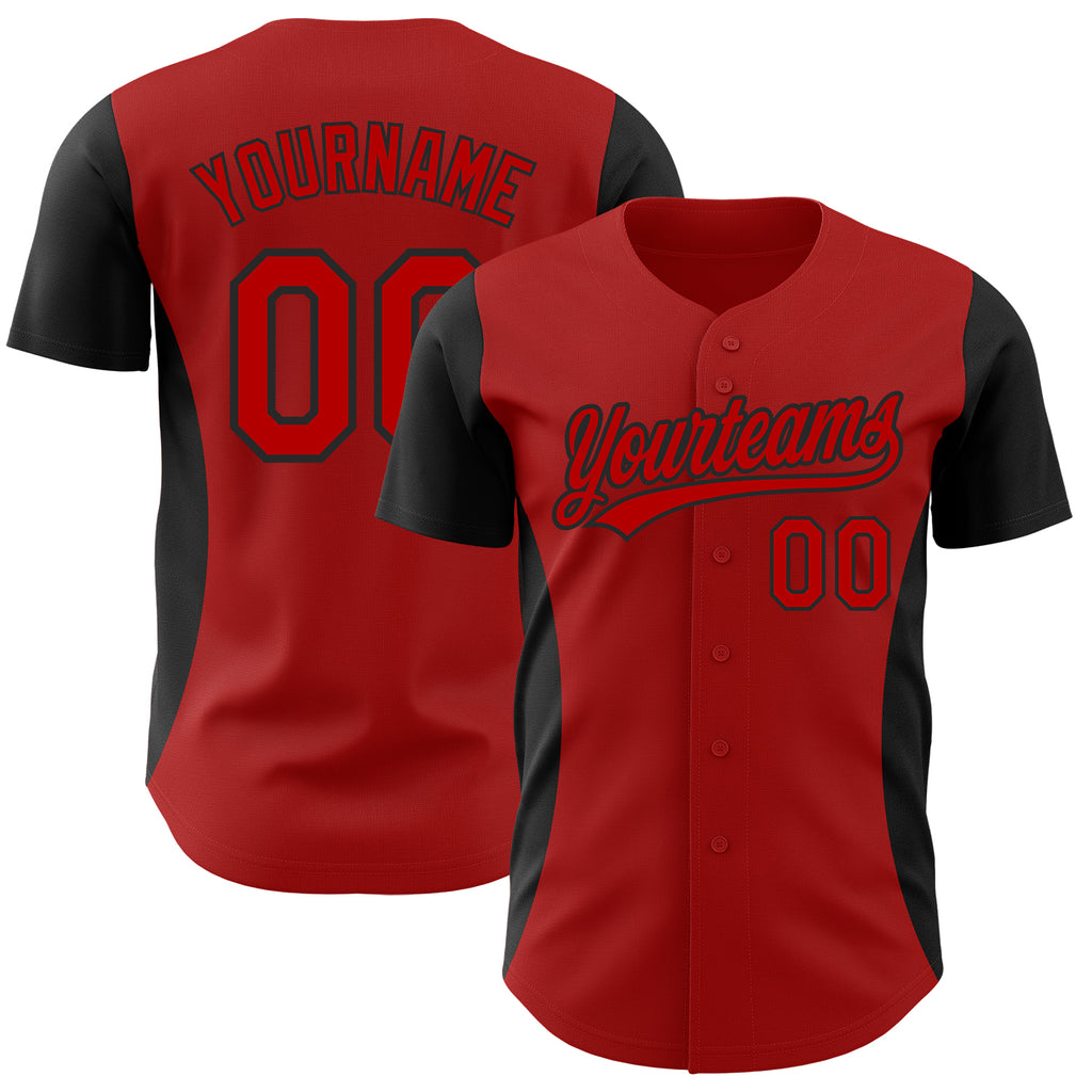 Custom Red Black 3D Pattern Design Side Stripes Authentic Baseball Jersey