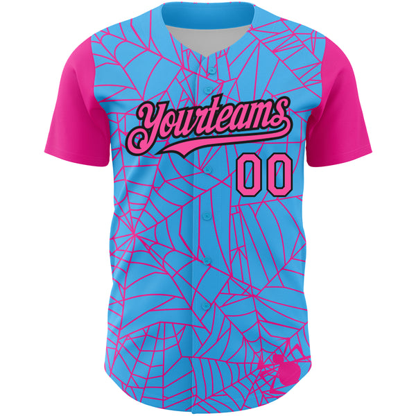 Custom Sky Blue Pink-Black 3D Pattern Design Spider Web Authentic Baseball Jersey