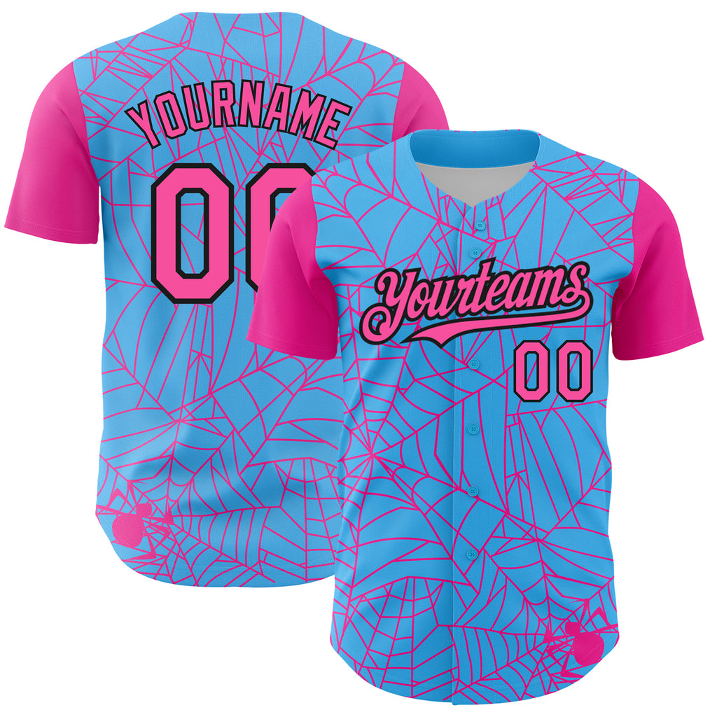 Custom Sky Blue Pink-Black 3D Pattern Design Spider Web Authentic Baseball Jersey