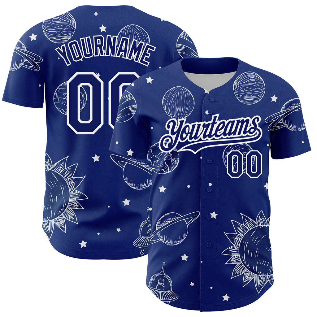 Custom Royal White 3D Pattern Design Planets Authentic Baseball Jersey