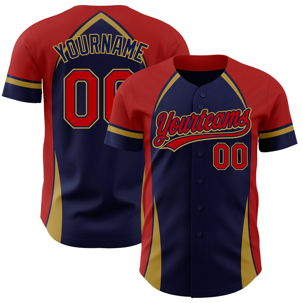 Custom Navy Red-Old Gold 3D Pattern Design Curve Solid Authentic Baseball Jersey