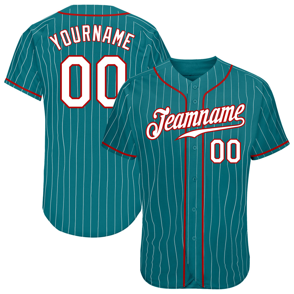 Custom Teal White Pinstripe White-Red Authentic Baseball Jersey