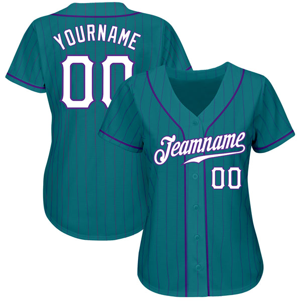 Custom Teal Purple Pinstripe White-Purple Authentic Baseball Jersey