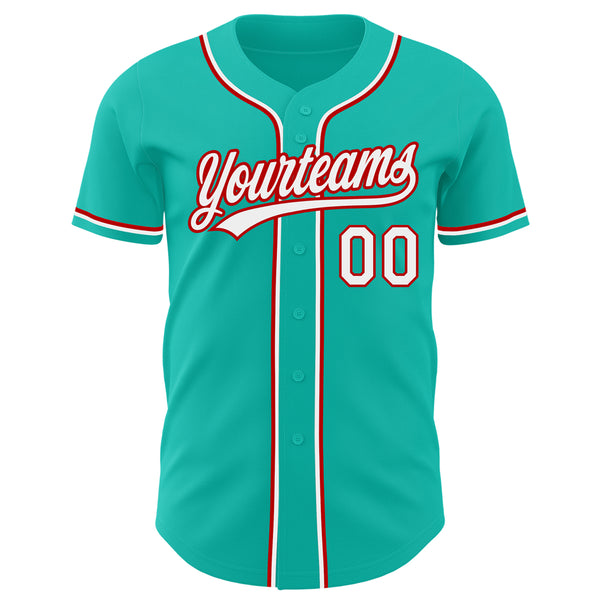 Custom Aqua White-Red Authentic Baseball Jersey