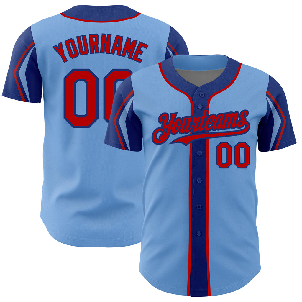 Custom Light Blue Red-Royal 3 Colors Arm Shapes Authentic Baseball Jersey