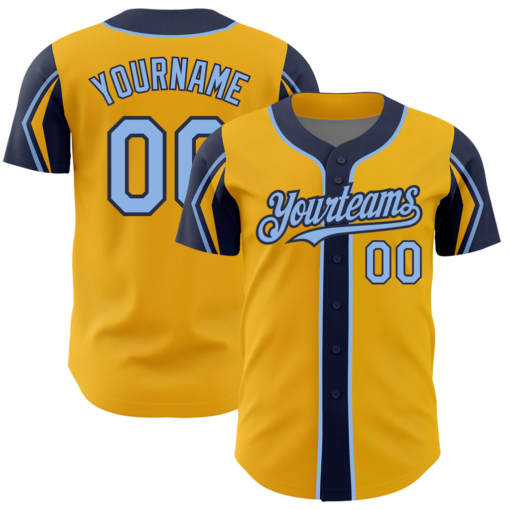 Custom Gold Light Blue-Navy 3 Colors Arm Shapes Authentic Baseball Jersey