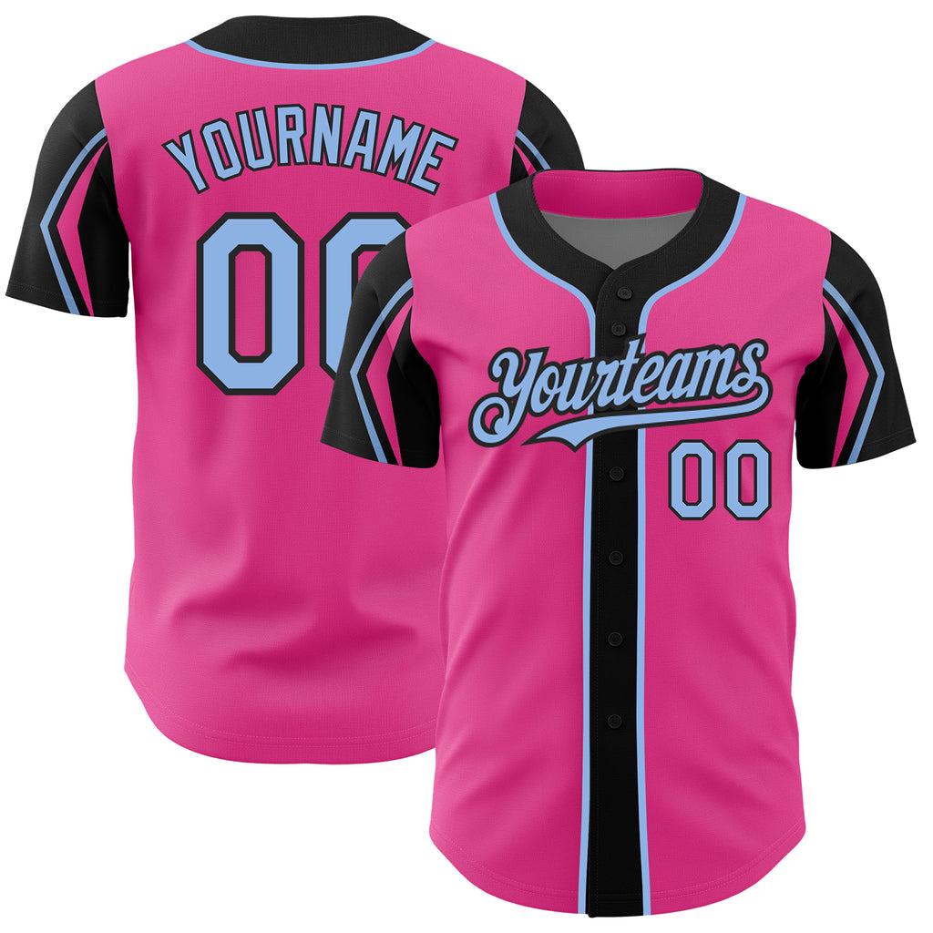 Custom Pink Light Blue-Black 3 Colors Arm Shapes Authentic Baseball Jersey