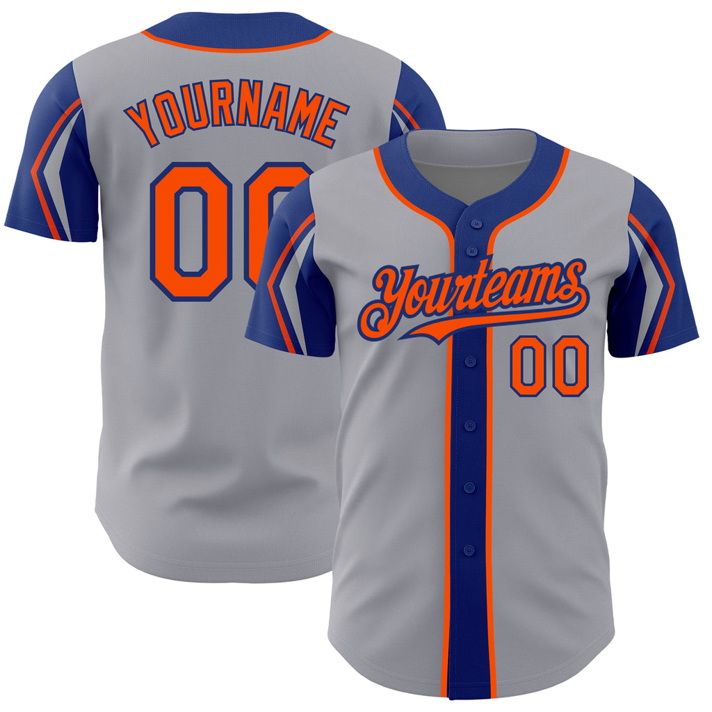 Custom Gray Orange-Royal 3 Colors Arm Shapes Authentic Baseball Jersey