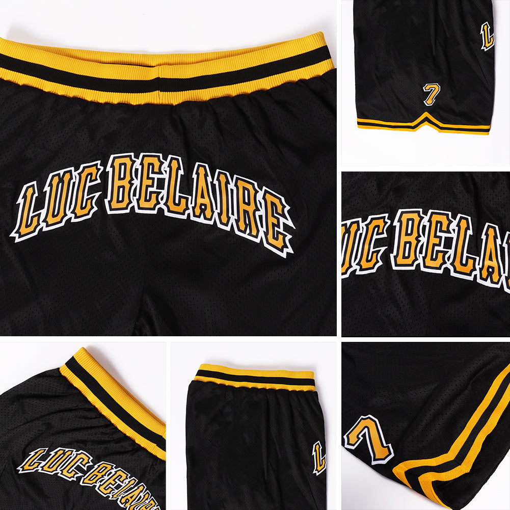 FANSIDEA Custom Black Black-Gold Authentic Throwback Basketball Shorts Men's Size:3XL