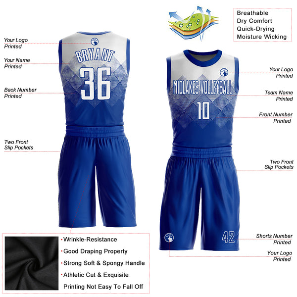 Custom Royal White Round Neck Sublimation Basketball Suit Jersey