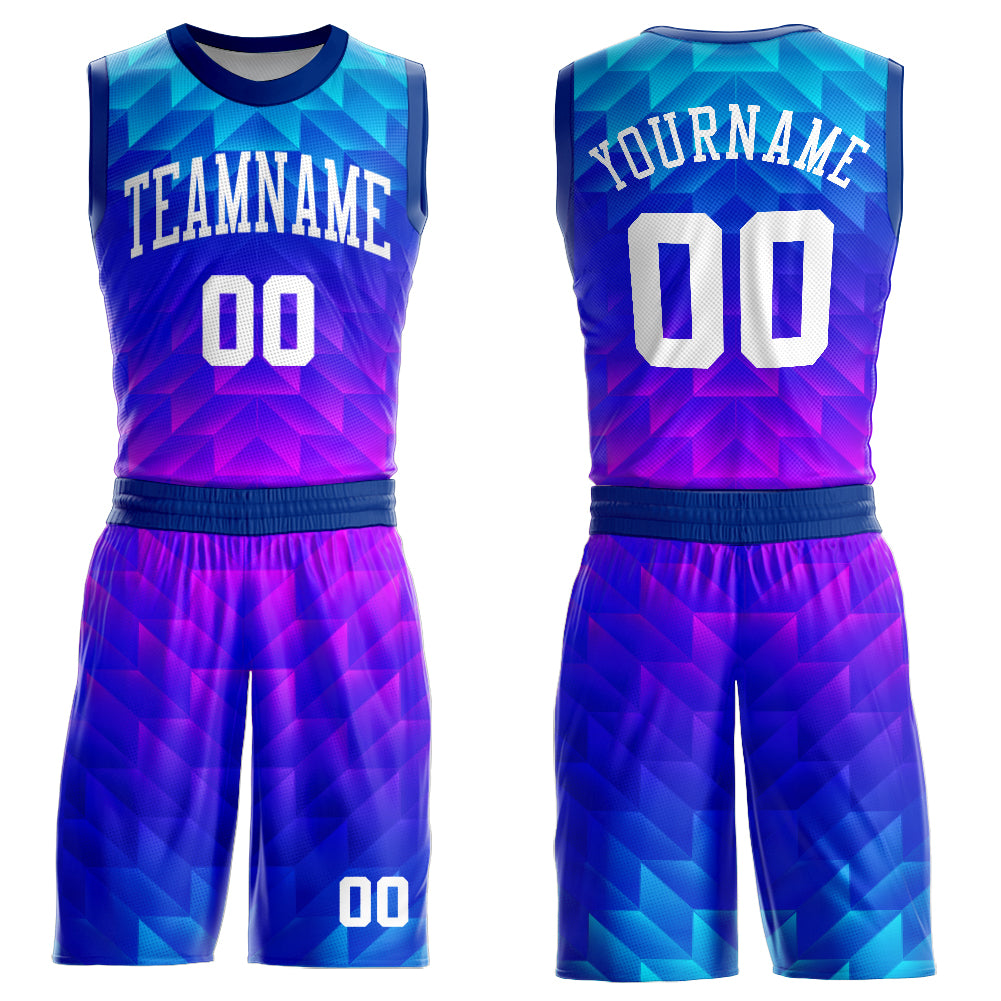 Custom Royal White Light Blue-Hot Pink Round Neck Sublimation Basketball Suit Jersey