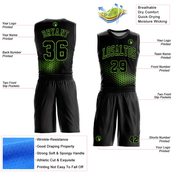 Custom Black Neon Green Round Neck Sublimation Basketball Suit Jersey