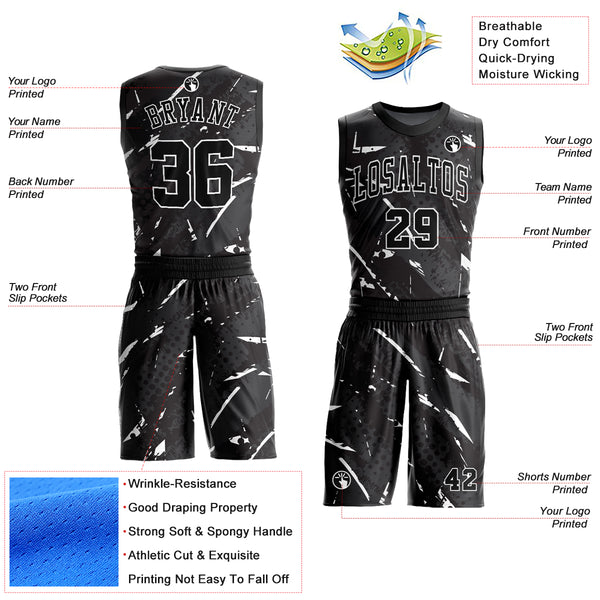 Custom Black White Bright Lines Round Neck Sublimation Basketball Suit Jersey