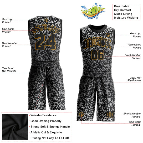 Custom Black Black-Old Gold Round Neck Sublimation Basketball Suit Jersey