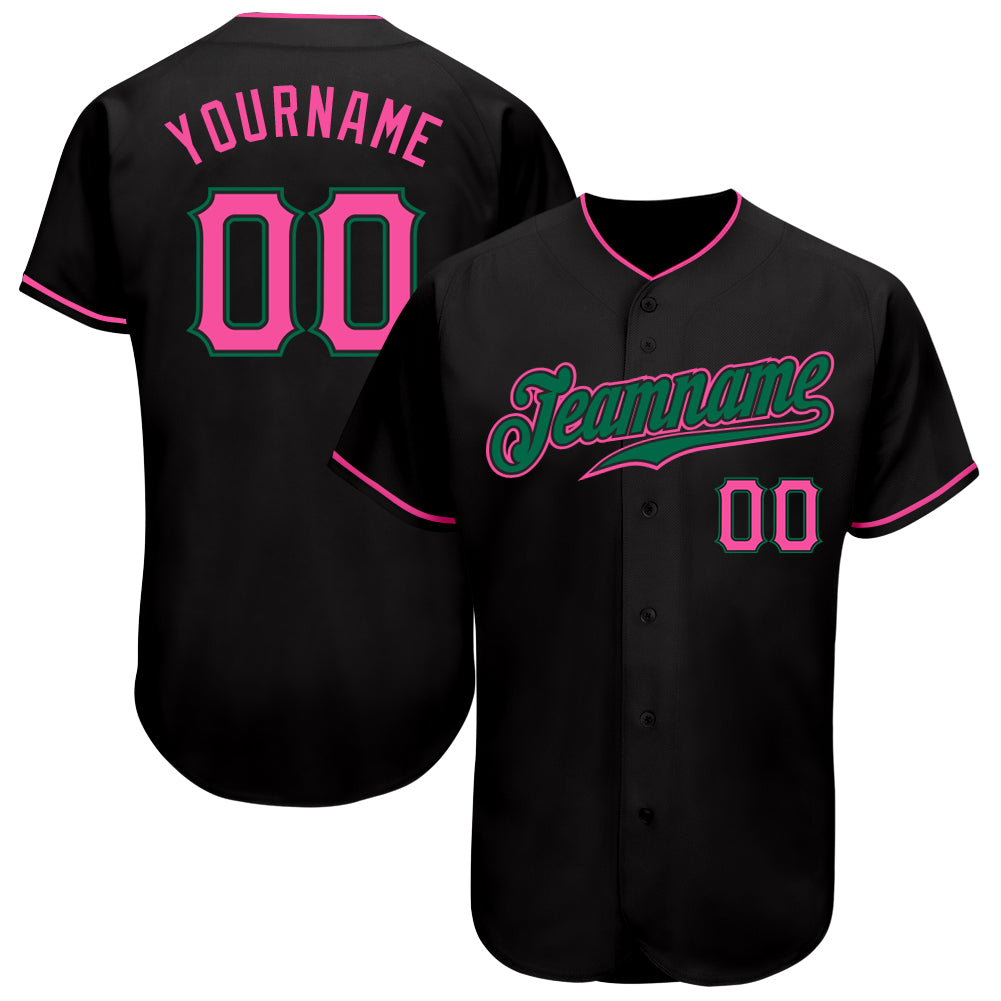 Custom Black Pink-Kelly Green Authentic Baseball Jersey