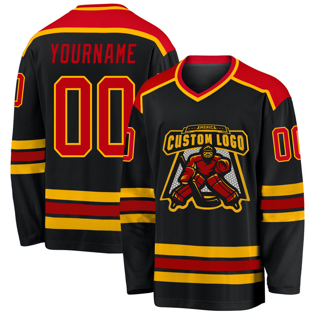 Custom Black Red-Gold Hockey Jersey