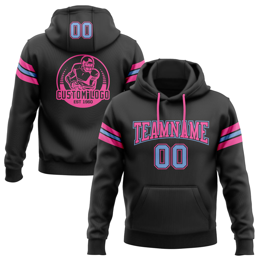 Custom Stitched Black Light Blue-Pink Football Pullover Sweatshirt Hoodie