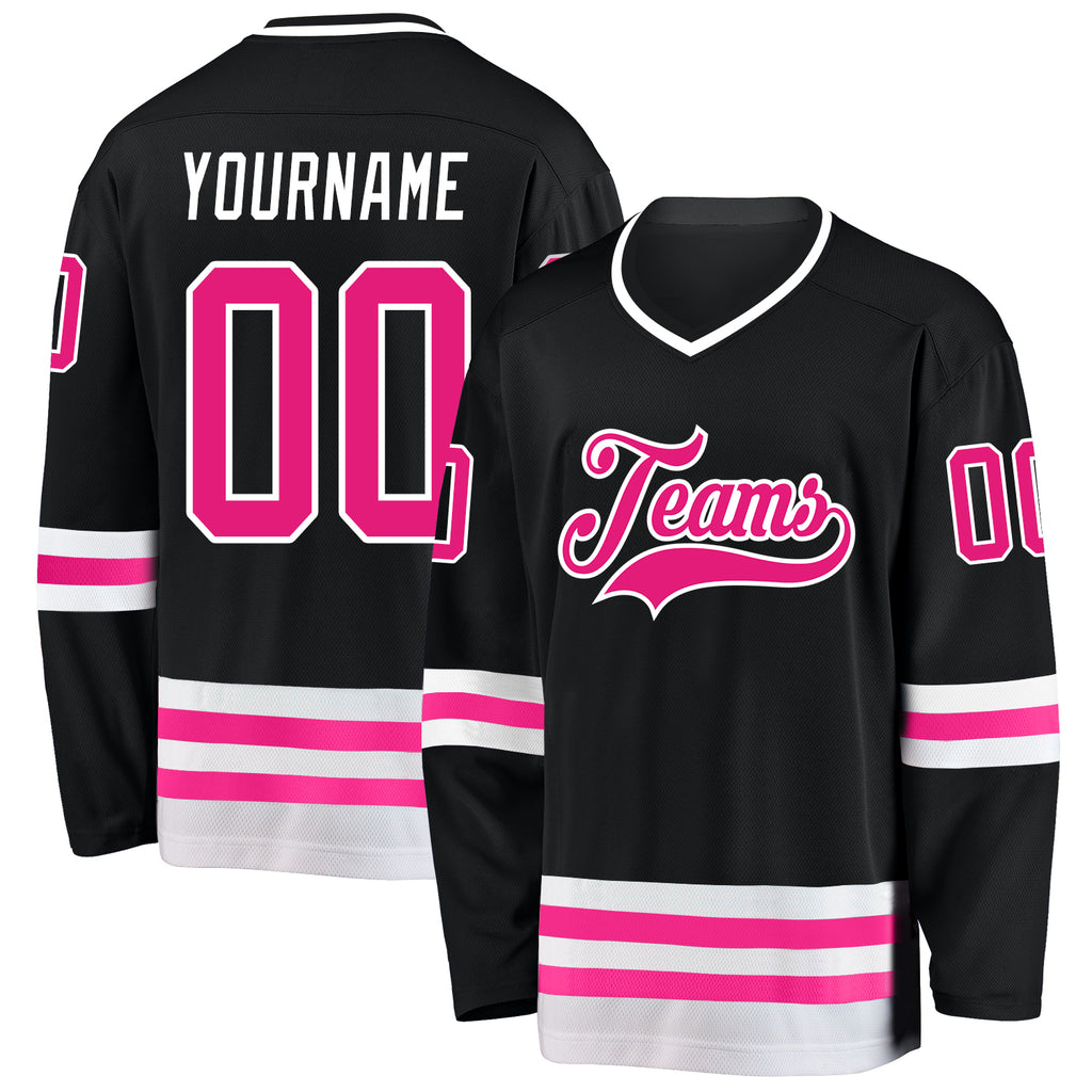 Custom Black Hot Pink-White Hockey Jersey