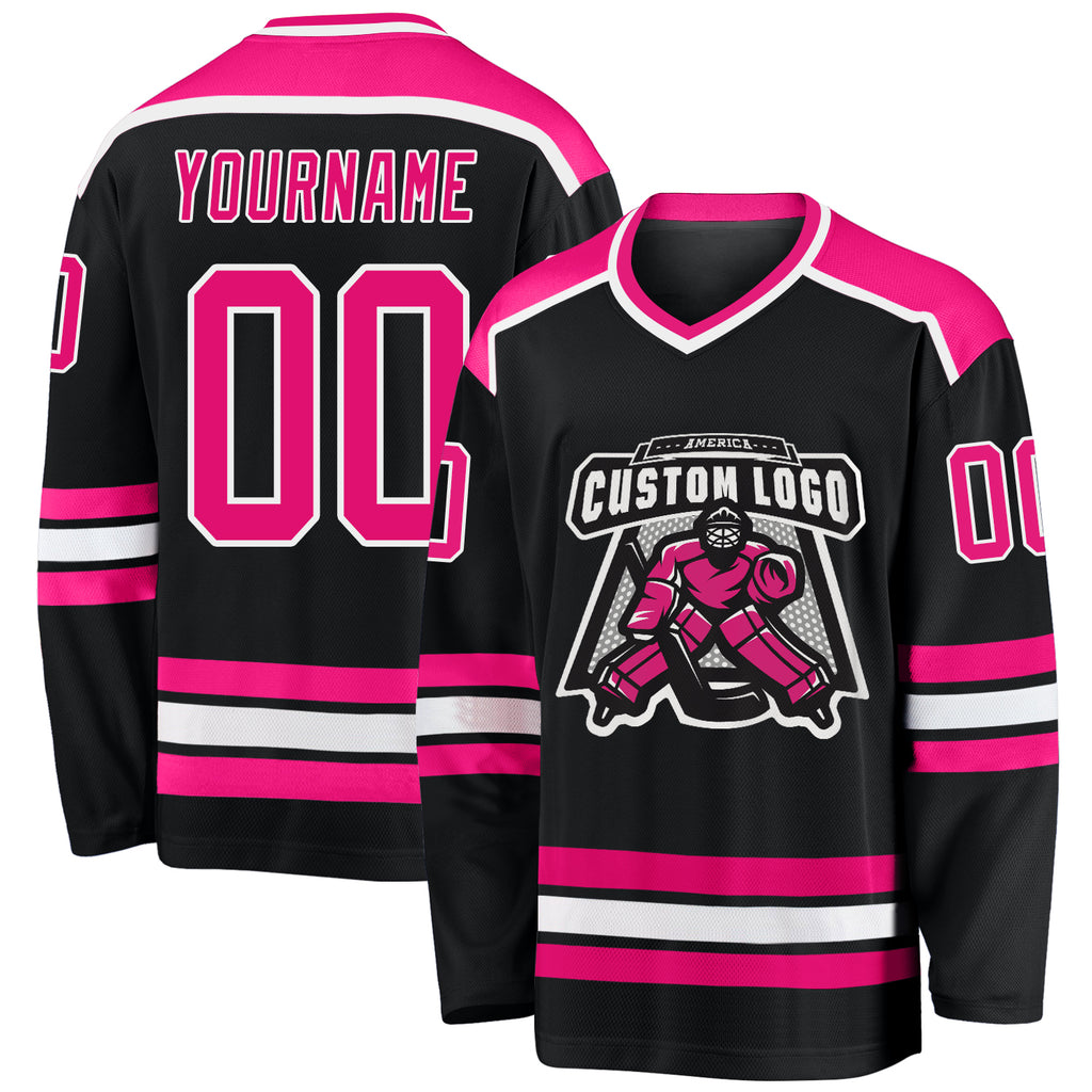 Custom Black Hot Pink-White Hockey Jersey