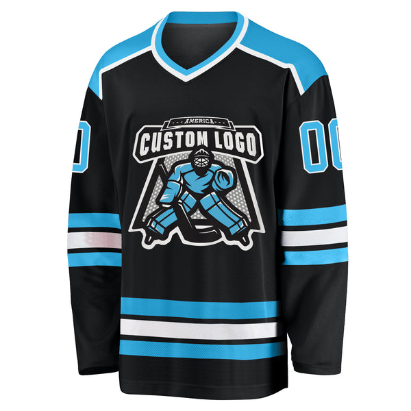 Custom Black Sky Blue-White Hockey Jersey