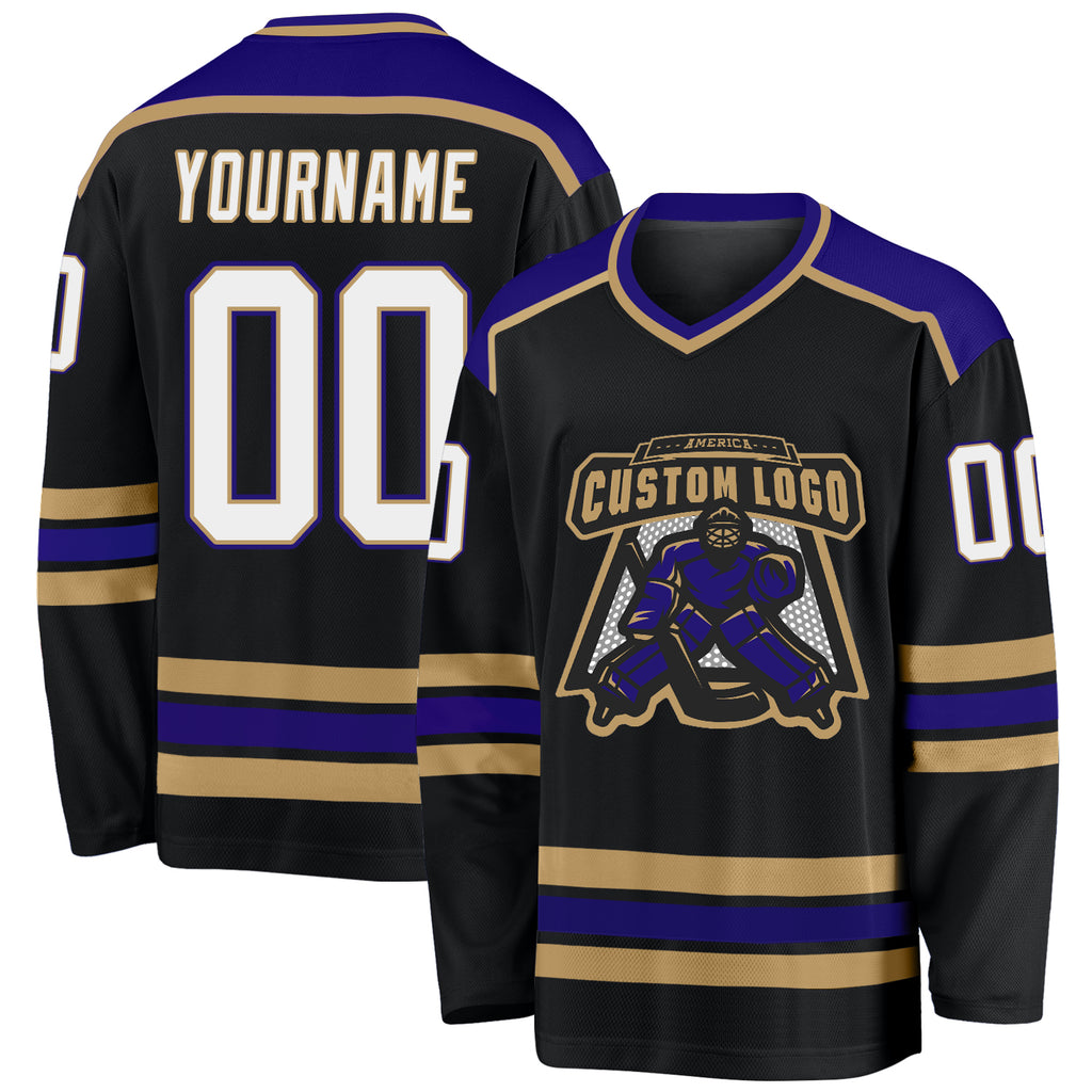 Custom Black White Old Gold-Dark Purple Hockey Jersey