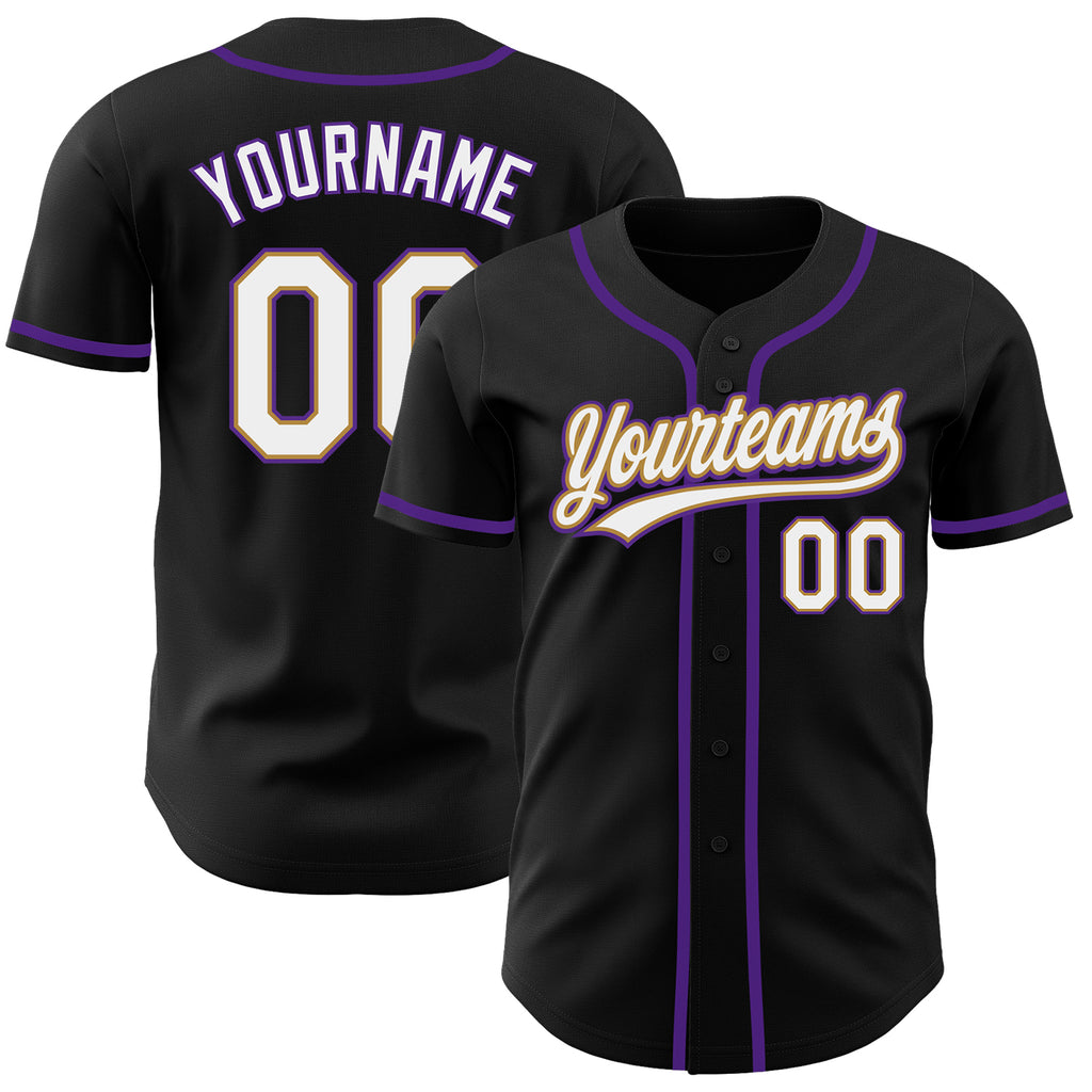 Custom Black White Old Gold-Purple Authentic Baseball Jersey