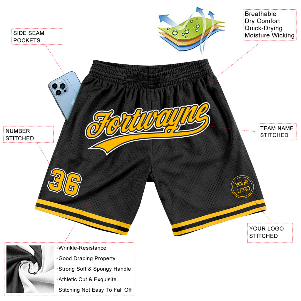 Custom Black Gold-White Authentic Throwback Basketball Shorts Free Shipping  – Fiitg