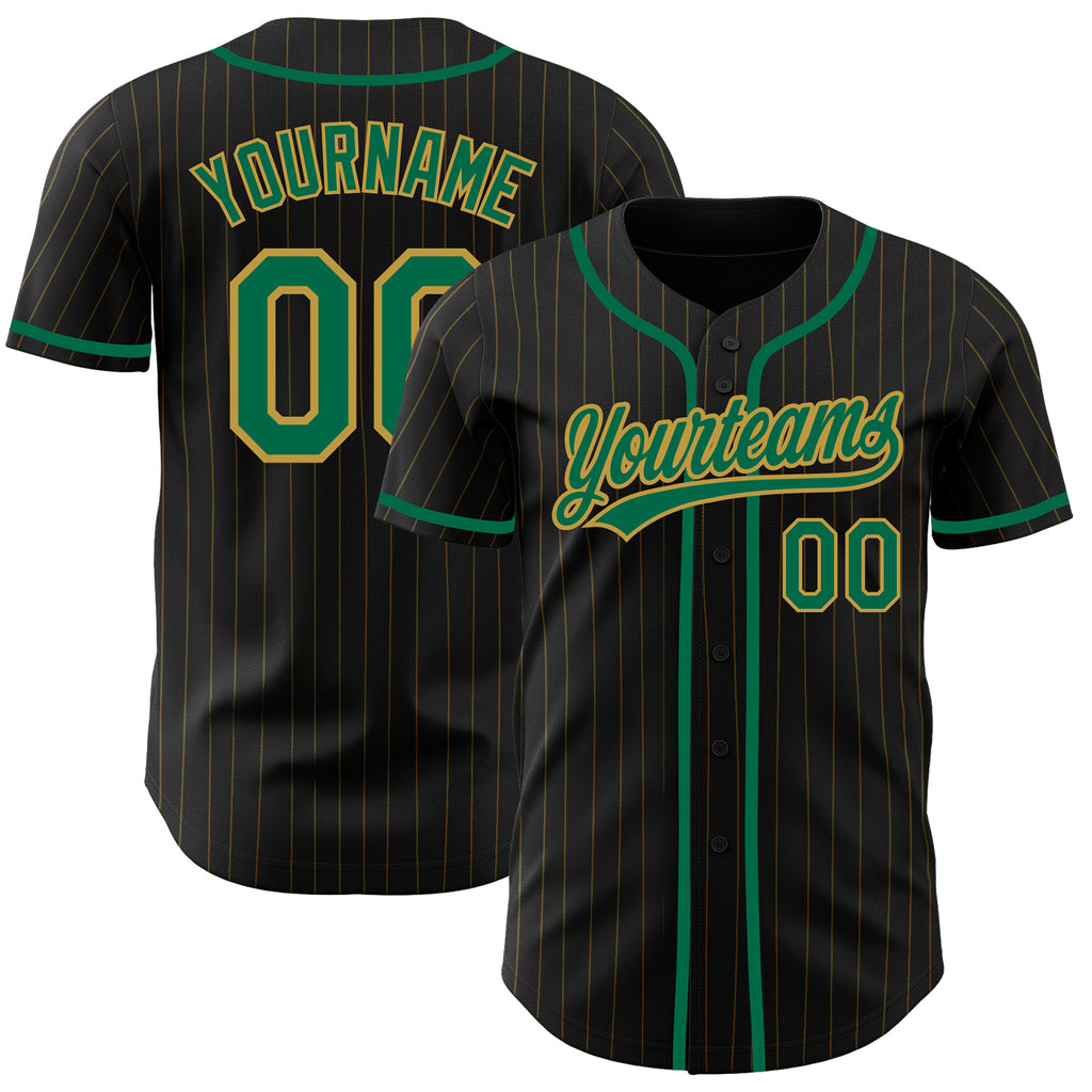 Custom Black Old Gold Pinstripe Kelly Green Authentic Baseball Jersey