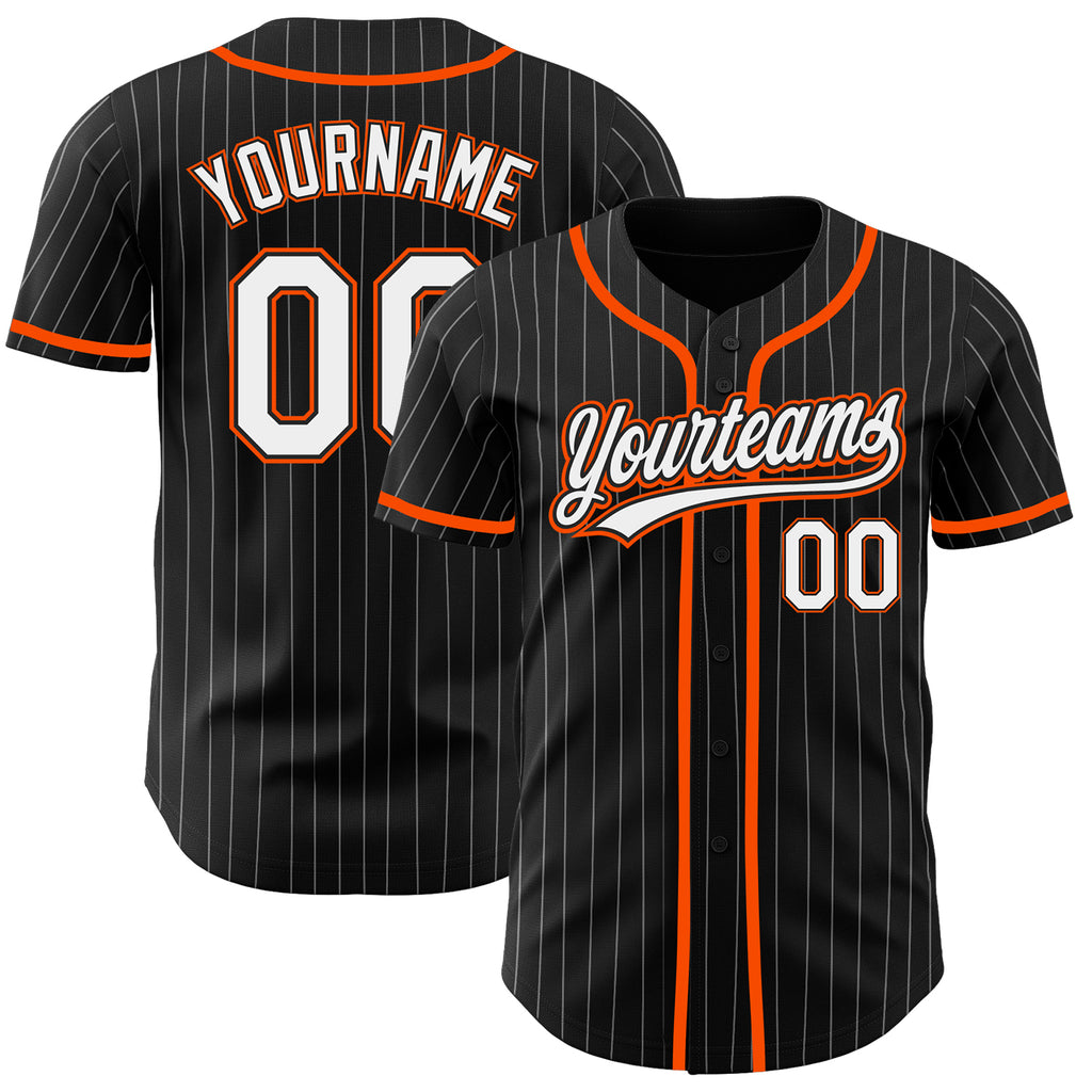 Custom Black White Pinstripe White-Orange Authentic Baseball Jersey