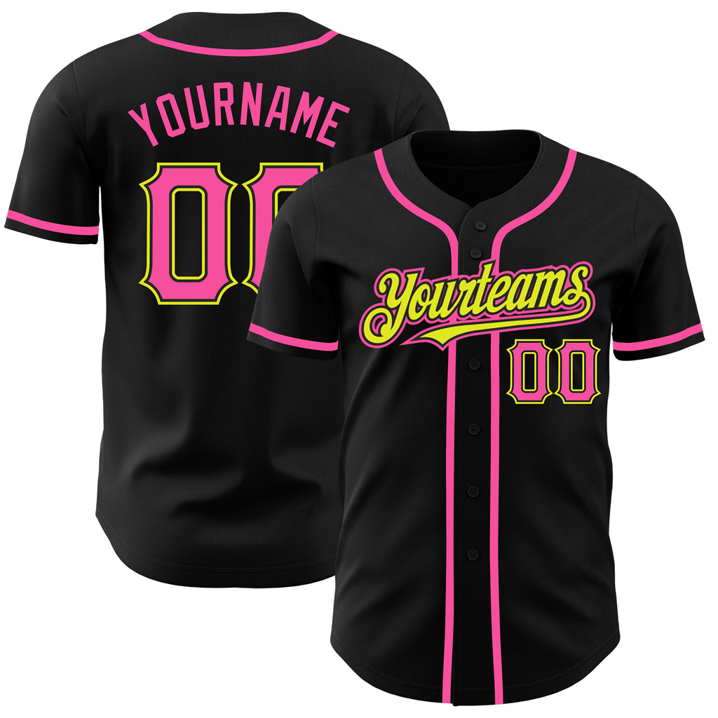 Custom Black Pink-Neon Yellow Authentic Baseball Jersey