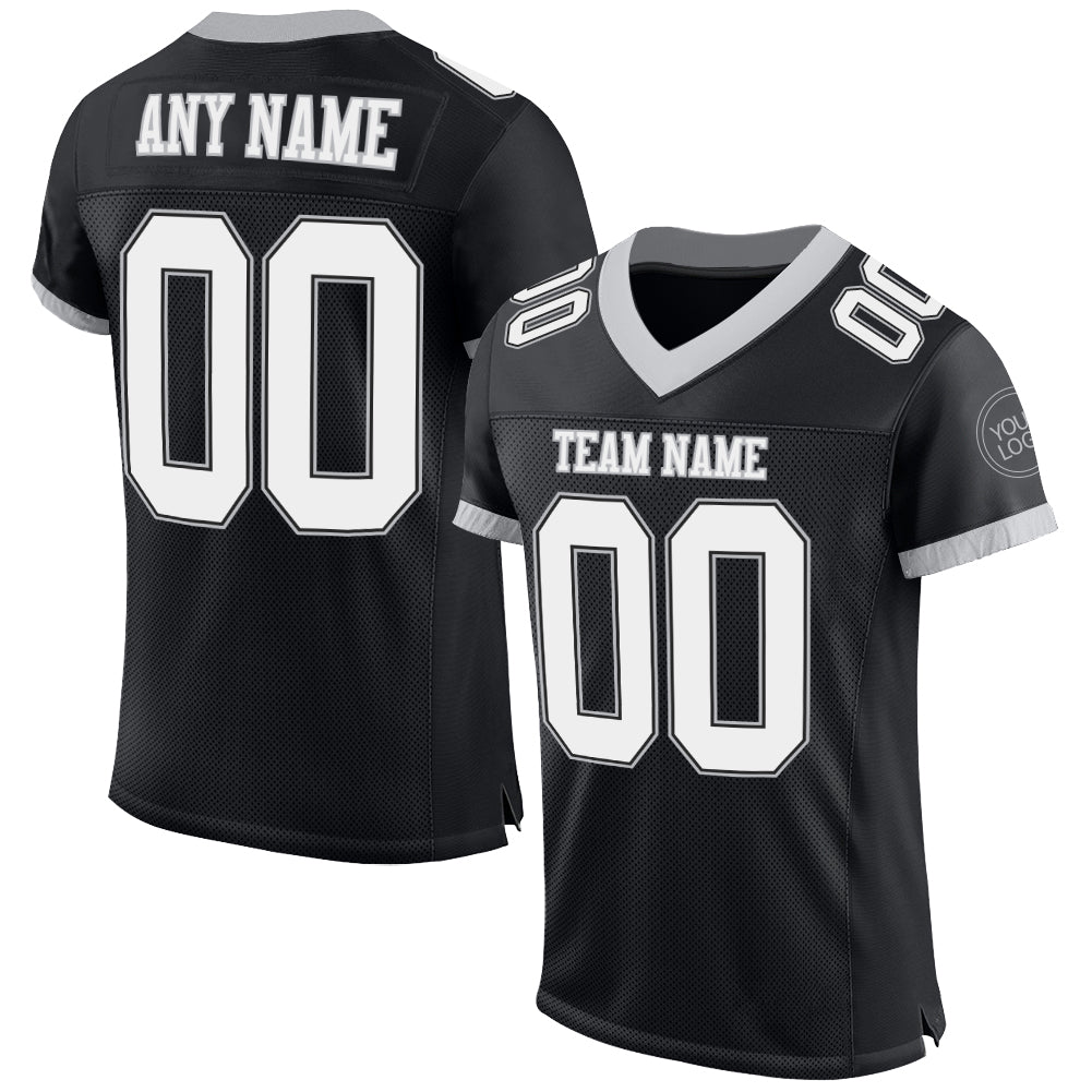 Custom Black White-Gray Mesh Authentic Football Jersey