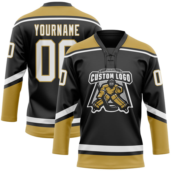 Custom Black White-Old Gold Hockey Lace Neck Jersey