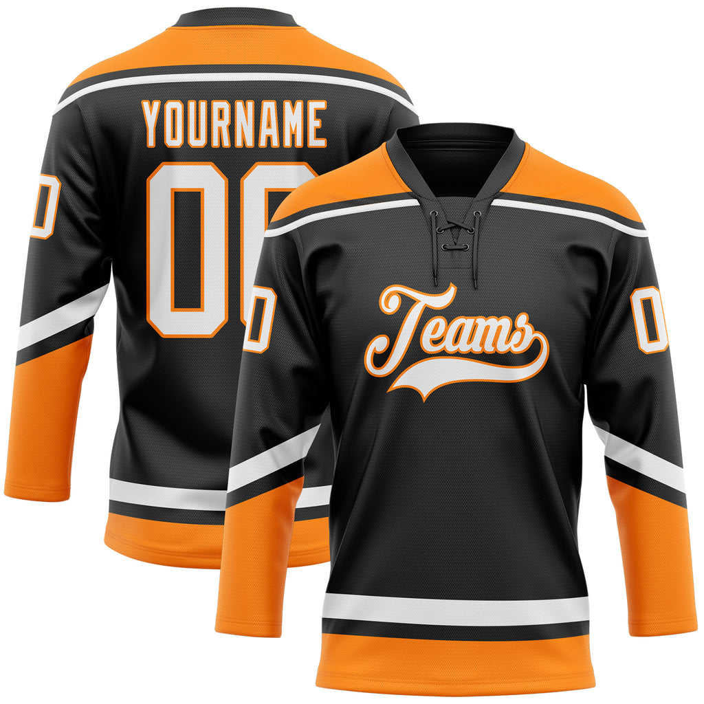 Custom Black White-Bay Orange Hockey Lace Neck Jersey