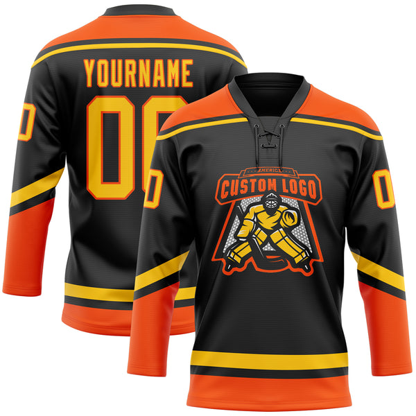 Custom Black Yellow-Orange Hockey Lace Neck Jersey