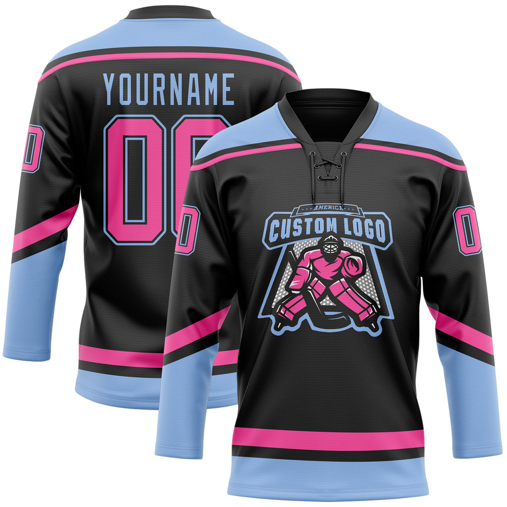 Custom Black Pink-Light Blue Hockey Lace Neck Jersey Fast Shipping –  FiitgCustom