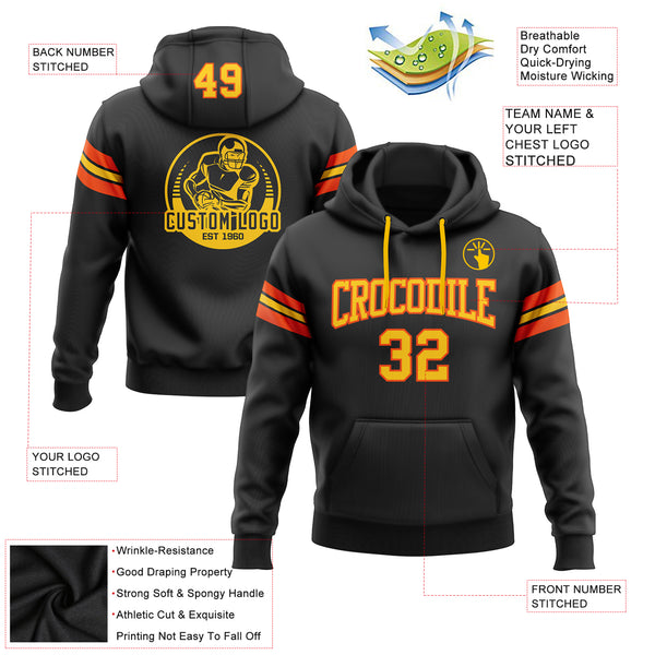 Custom Stitched Black Yellow-Orange Football Pullover Sweatshirt Hoodie