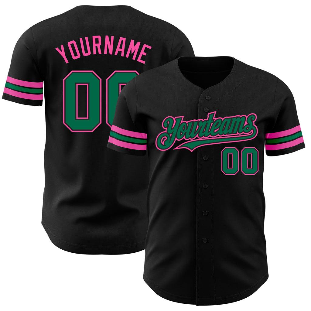 Custom Black Kelly Green-Pink Authentic Baseball Jersey