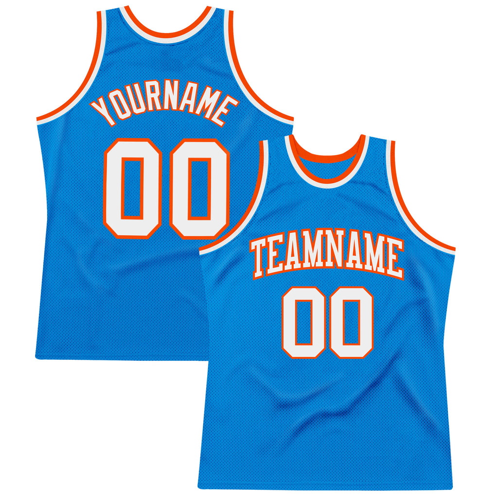 Custom Blue White-Orange Authentic Throwback Basketball Jersey