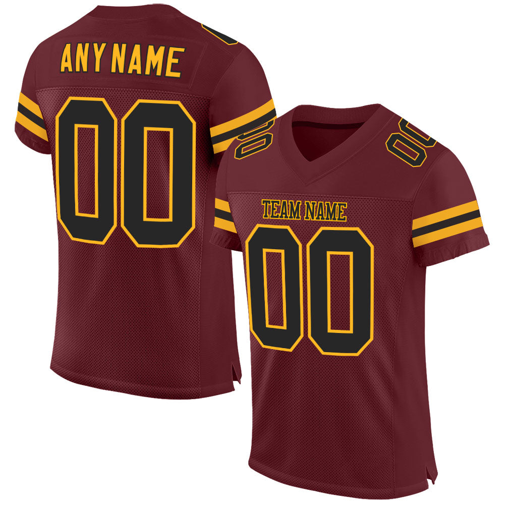 Custom Burgundy Black-Gold Mesh Authentic Football Jersey