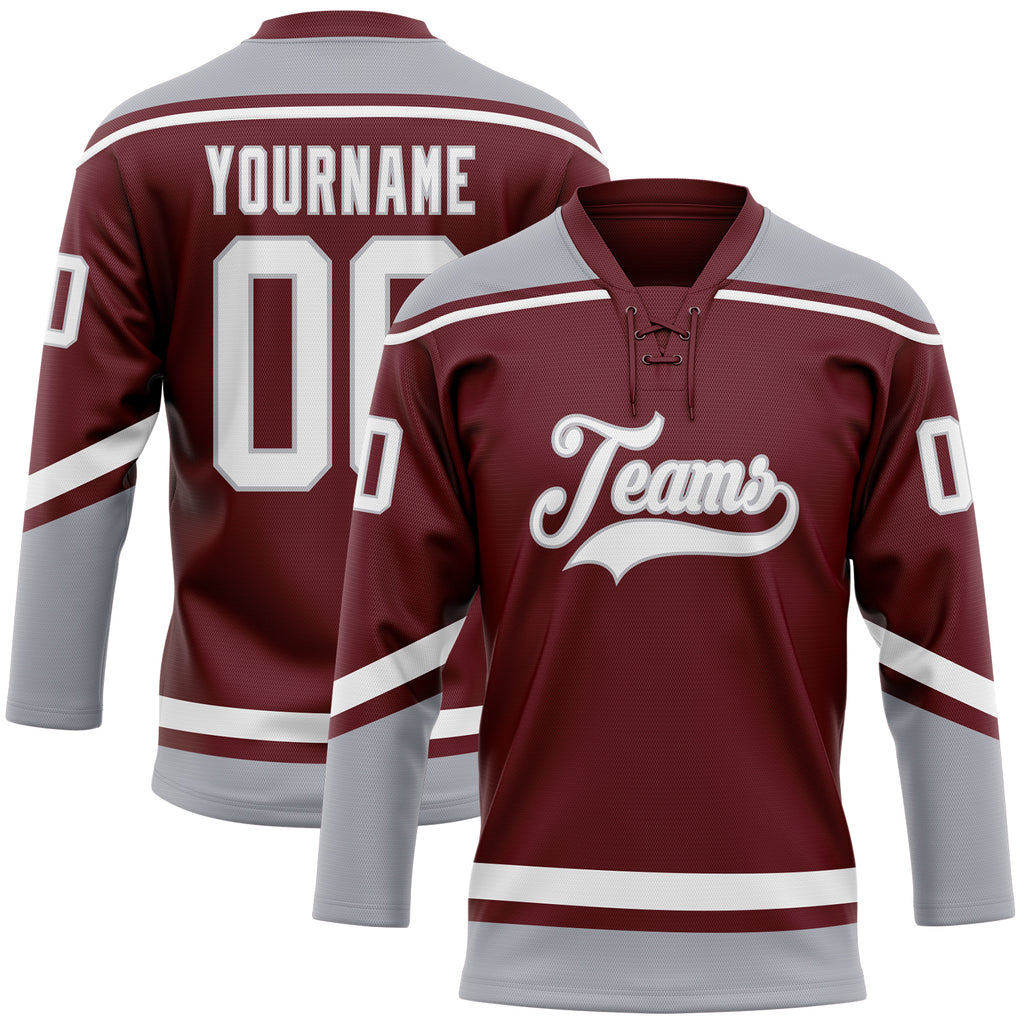 Cheap Custom Maroon White-Black Hockey Lace Neck Jersey Free