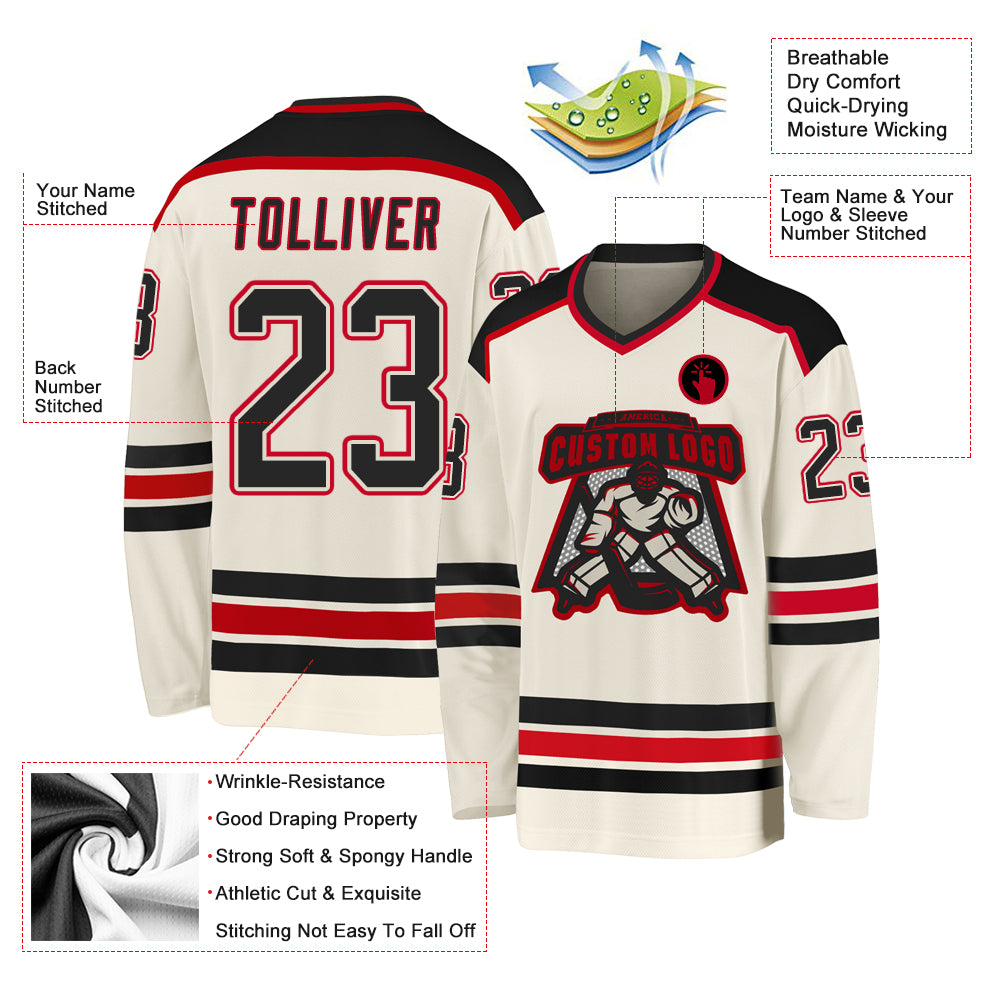 Custom Cream Black-Red Hockey Jersey