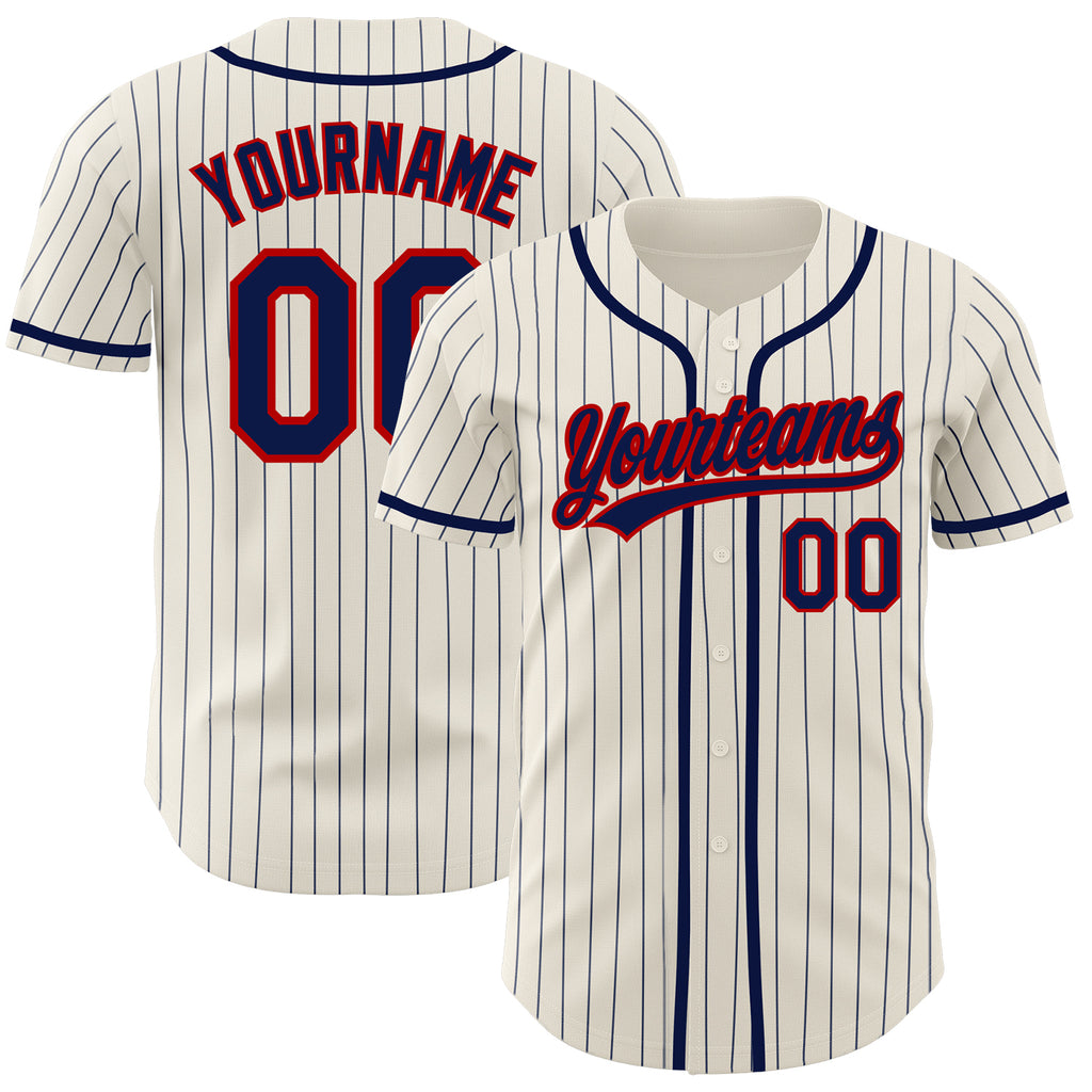 Custom Cream Navy Pinstripe Navy-Red Authentic Baseball Jersey