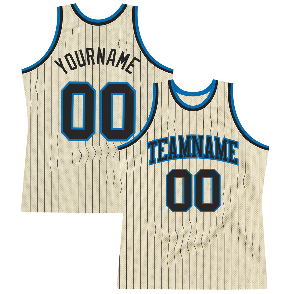 Custom Cream Black Pinstripe Black-Blue Authentic Basketball Jersey