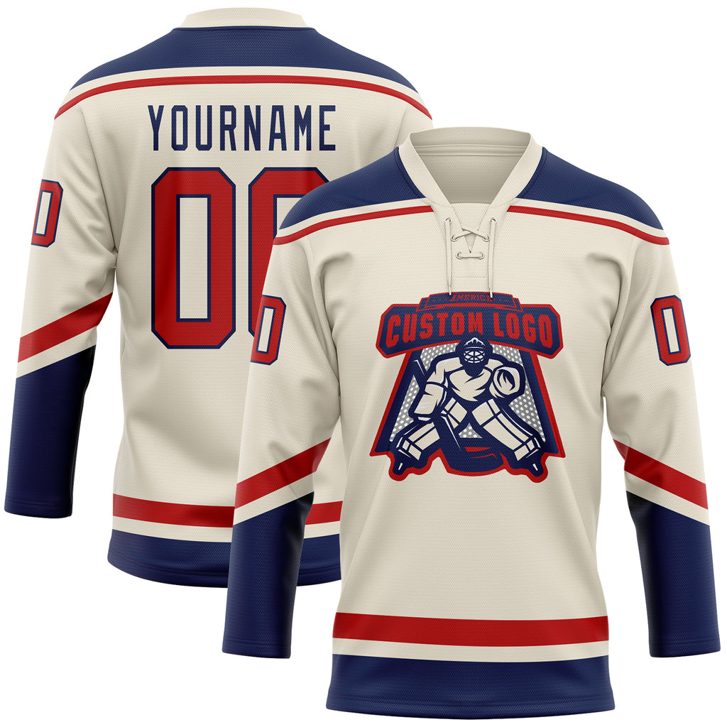 Custom Navy White-Red Hockey Lace Neck Jersey Discount