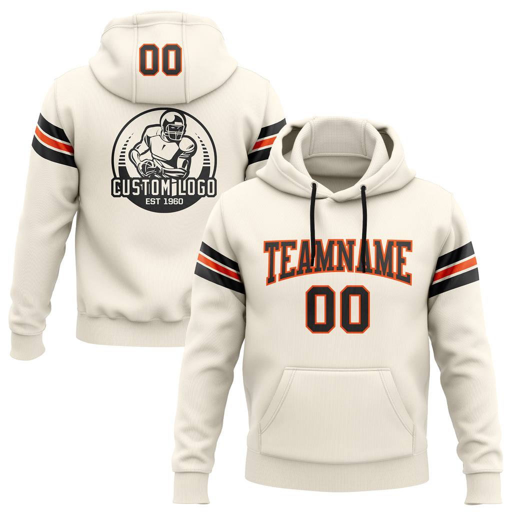 Custom Stitched Cream Black-Orange Football Pullover Sweatshirt Hoodie