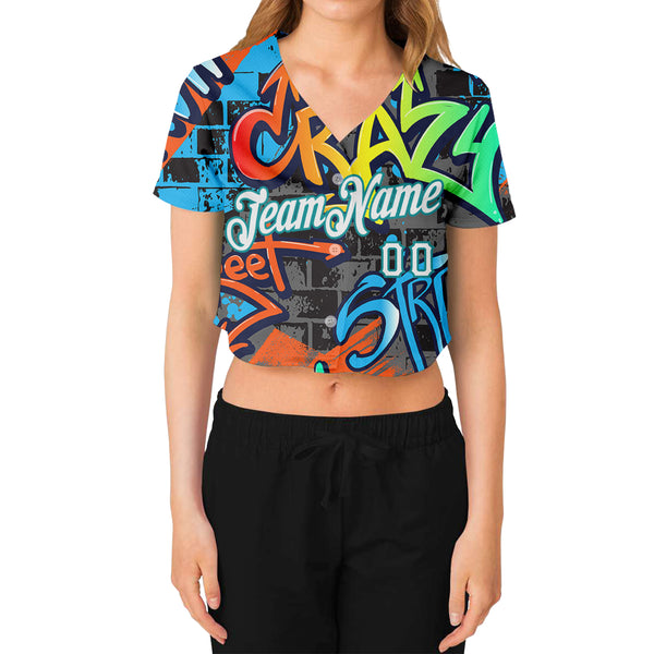 Custom Women's Graffiti Pattern White-Aqua Geometric 3D V-Neck Cropped Baseball Jersey