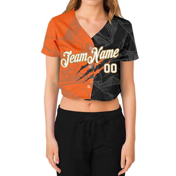 Custom Women's Graffiti Pattern White-Old Gold Scratch 3D V-Neck Cropped Baseball Jersey