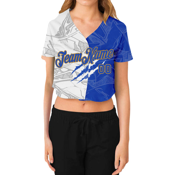 Custom Women's Graffiti Pattern Royal-Old Gold Scratch 3D V-Neck Cropped Baseball Jersey