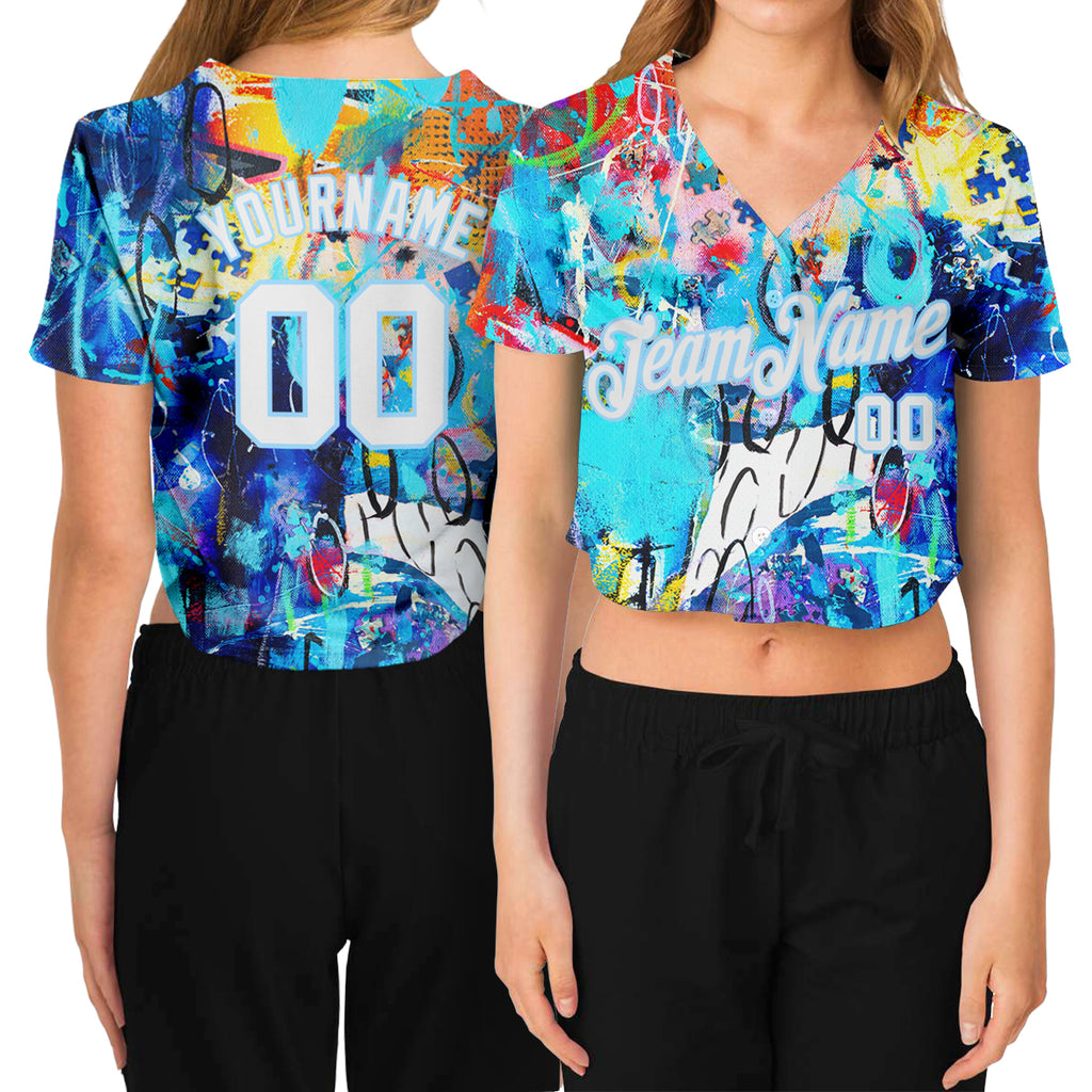 Custom Women's Graffiti Pattern White-Light Blue Multi Colored Mixed Media Art 3D V-Neck Cropped Baseball Jersey