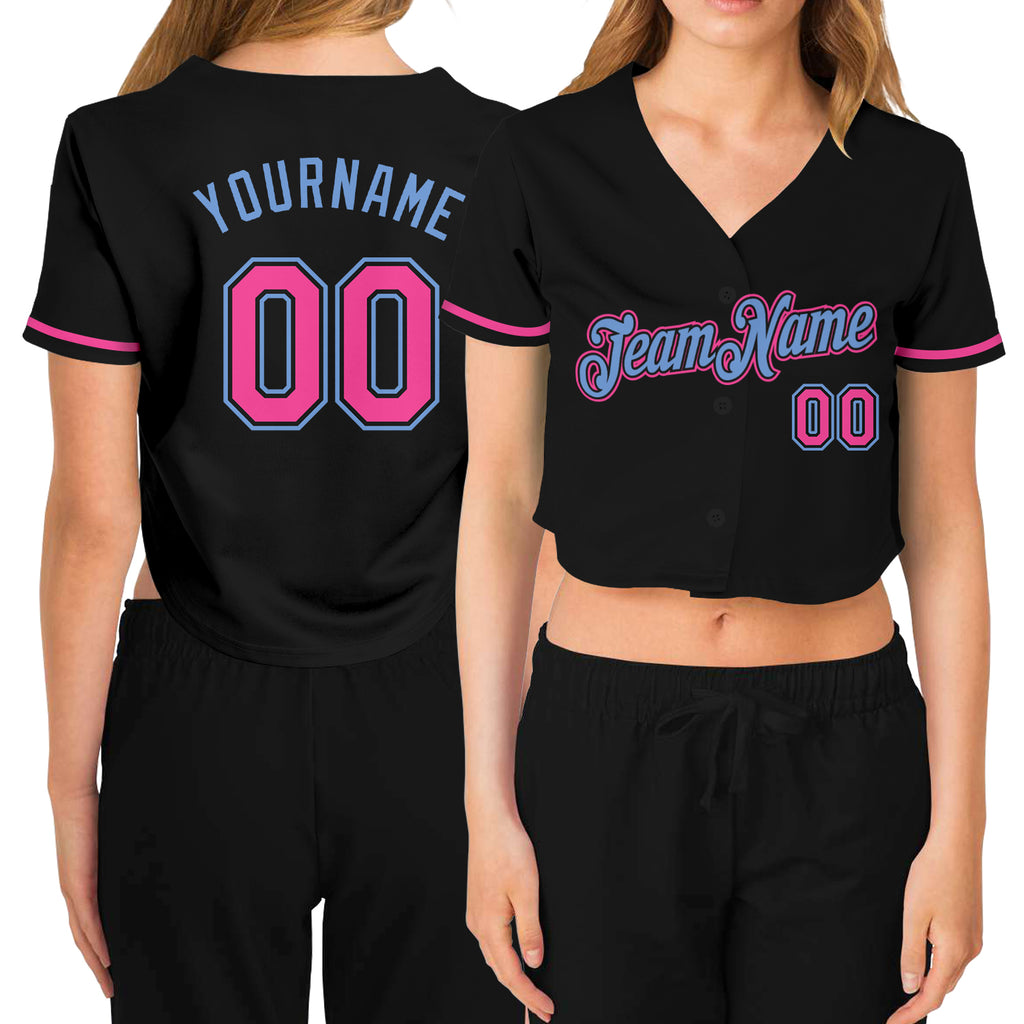 Custom Women's Black Pink-Light Blue V-Neck Cropped Baseball Jersey